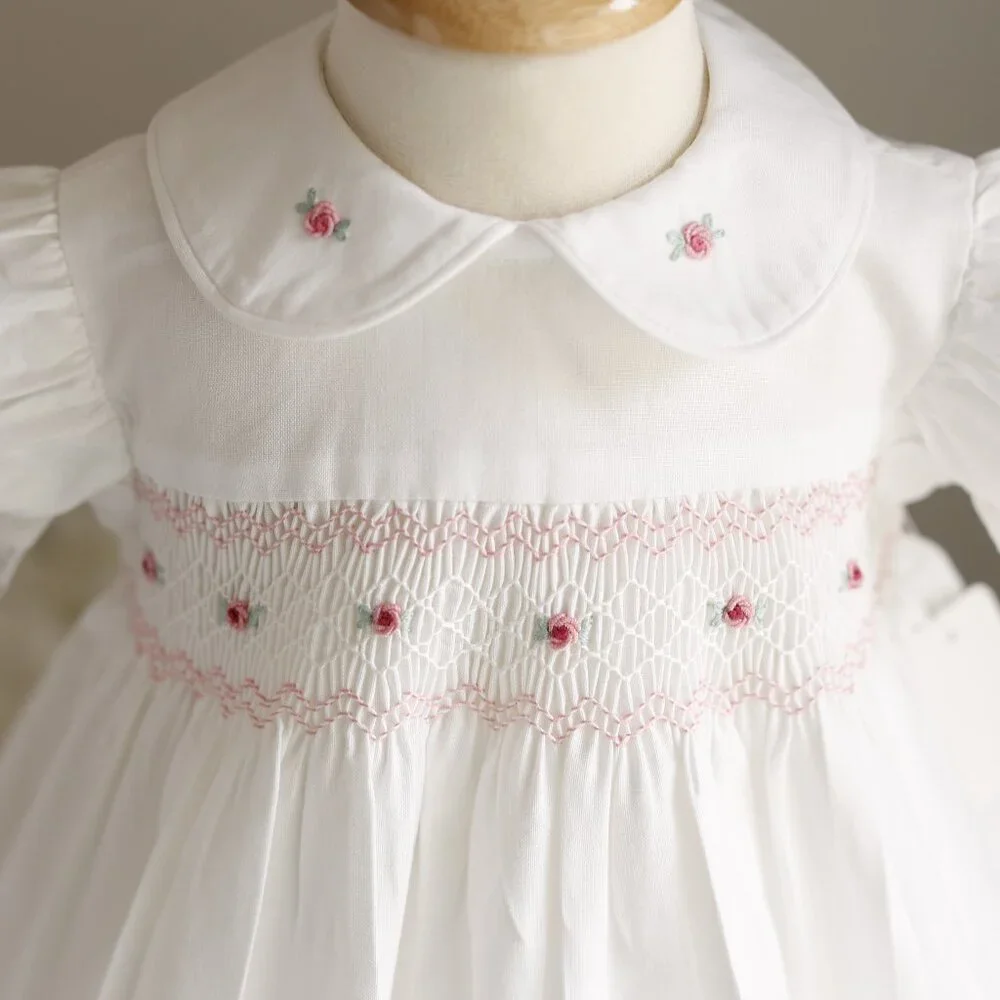 White Smocked Dress 9/12 Month Hand Embroidery Flower Girl Spring Portrait